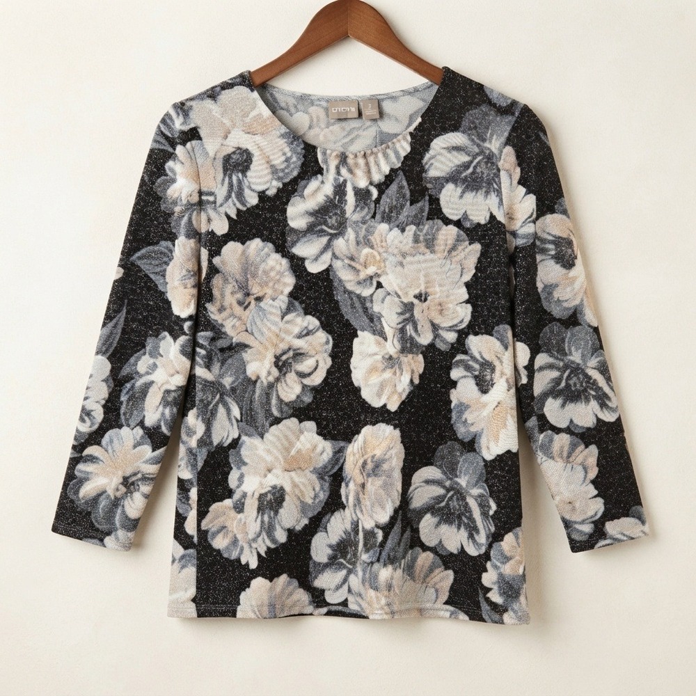 Chico's Whimsygoth Floral Metallic Knit Top Women 2 Large Sparkle Dark Academia
